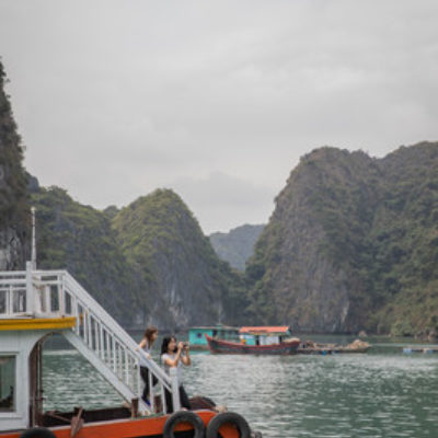 Vietnam Lan Ha Bay Boat Cruise Top Observation Deck Mother Daughter Taking Photos